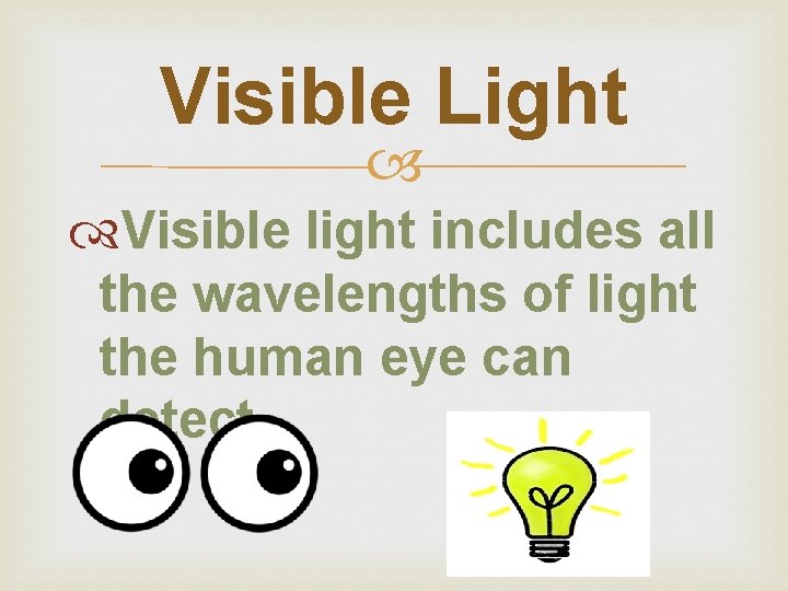 Visible Light Visible light includes all the wavelengths of light the human eye can