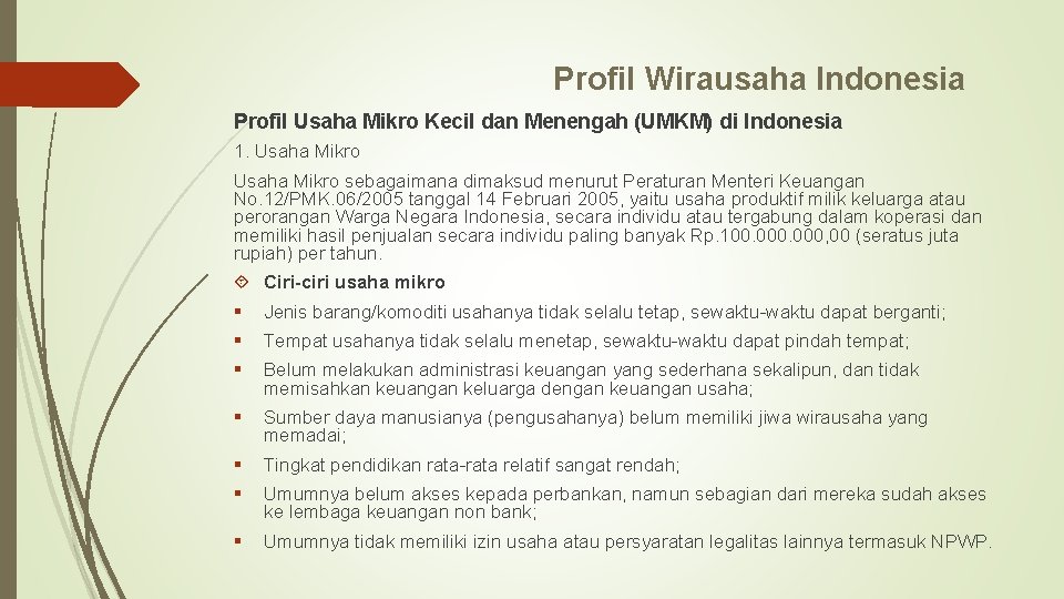 Profil Wirausaha Indonesia Profil Usaha Mikro Kecil dan Menengah (UMKM) di Indonesia 1. Usaha