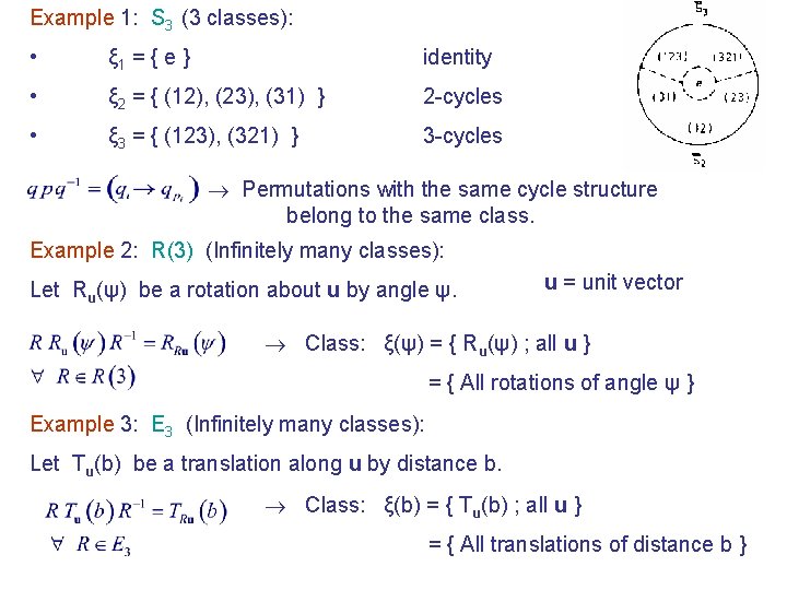 Example 1: S 3 (3 classes): • ξ 1 = { e } identity