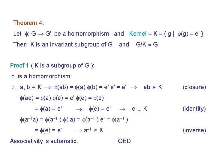 Theorem 4: Let : G G' be a homomorphism and Kernel = K =