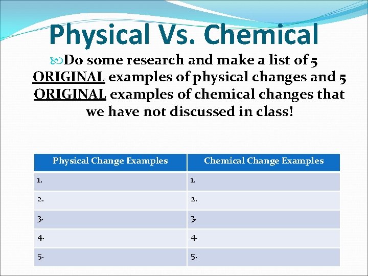 Physical Vs. Chemical Do some research and make a list of 5 ORIGINAL examples