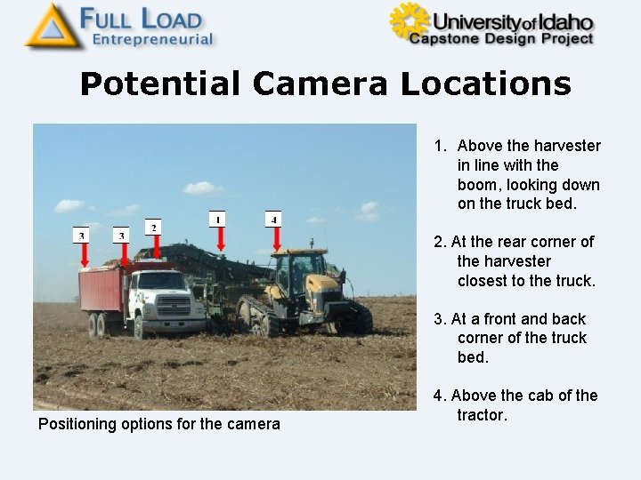 Potential Camera Locations 1. Above the harvester in line with the boom, looking down