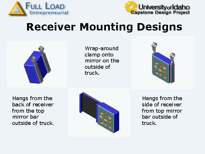 Receiver Mounting Designs Wrap-around clamp onto mirror on the outside of truck. Hangs from