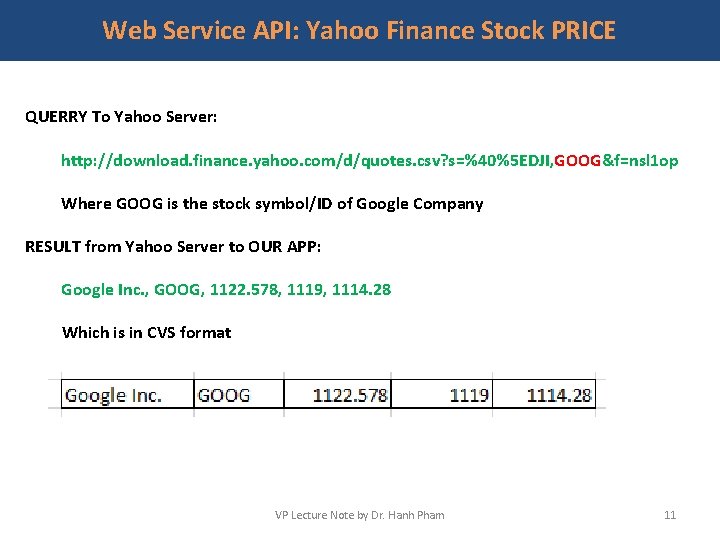 Web Service API: Yahoo Finance Stock PRICE QUERRY To Yahoo Server: http: //download. finance.