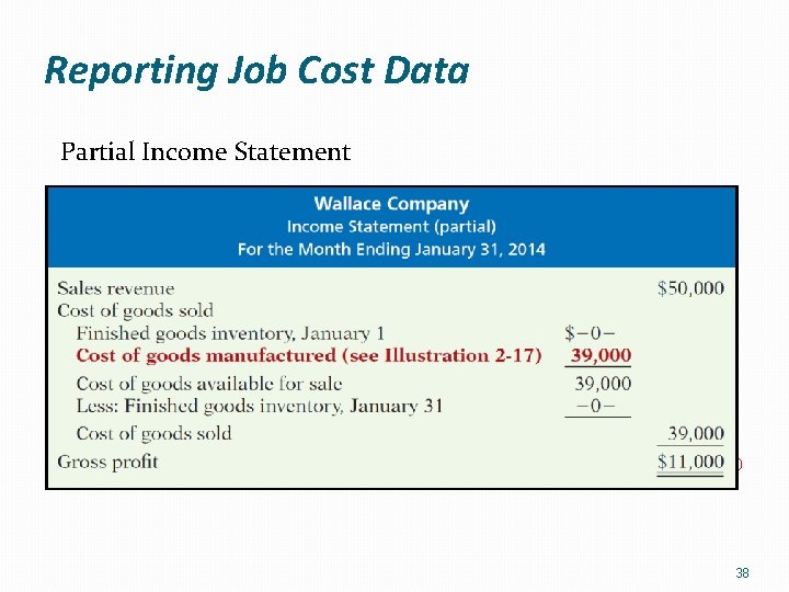 Reporting Job Cost Data Partial Income Statement 38 