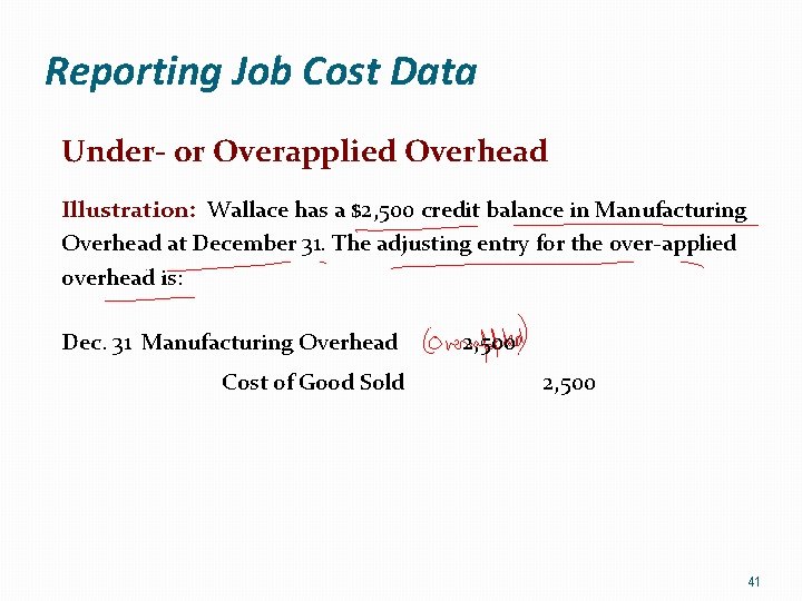 Reporting Job Cost Data Under- or Overapplied Overhead Illustration: Wallace has a $2, 500