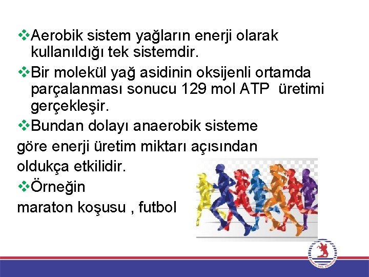 v. Aerobik sistem yağların enerji olarak kullanıldığı tek sistemdir. v. Bir molekül yağ asidinin