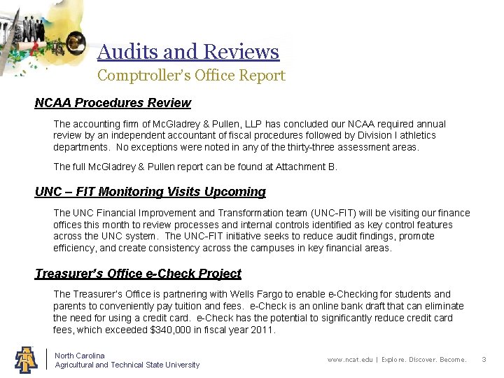 Audits and Reviews Comptroller’s Office Report NCAA Procedures Review The accounting firm of Mc.