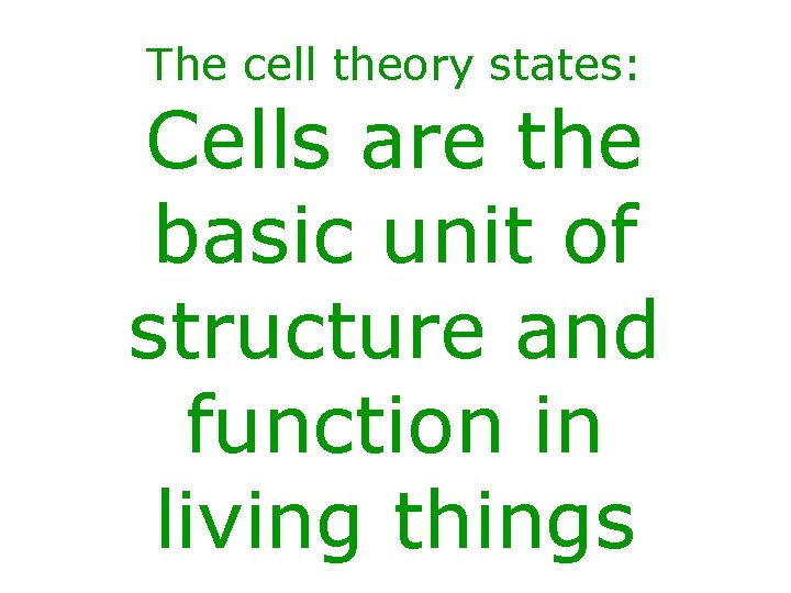 The cell theory states: Cells are the basic unit of structure and function in