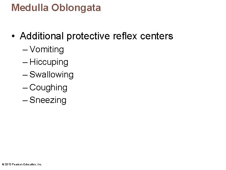 Medulla Oblongata • Additional protective reflex centers – Vomiting – Hiccuping – Swallowing –