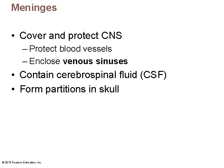 Meninges • Cover and protect CNS – Protect blood vessels – Enclose venous sinuses