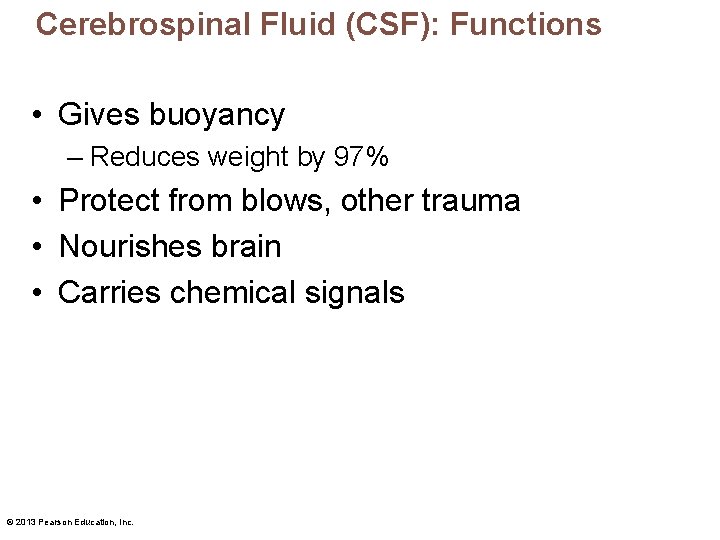 Cerebrospinal Fluid (CSF): Functions • Gives buoyancy – Reduces weight by 97% • Protect
