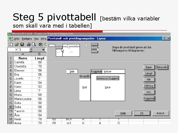 Steg 5 pivottabell som skall vara med i tabellen] [bestäm vilka variabler 