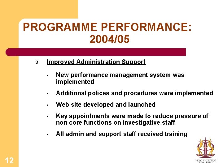 PROGRAMME PERFORMANCE: 2004/05 3. 12 Improved Administration Support • New performance management system was