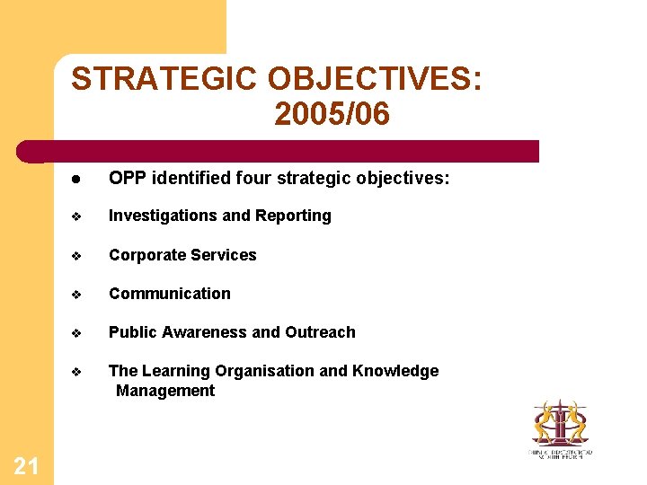 STRATEGIC OBJECTIVES: 2005/06 21 l OPP identified four strategic objectives: v Investigations and Reporting
