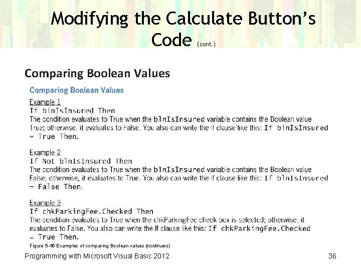 Modifying the Calculate Button’s Code (cont. ) Comparing Boolean Values Figure 5 -45 Examples