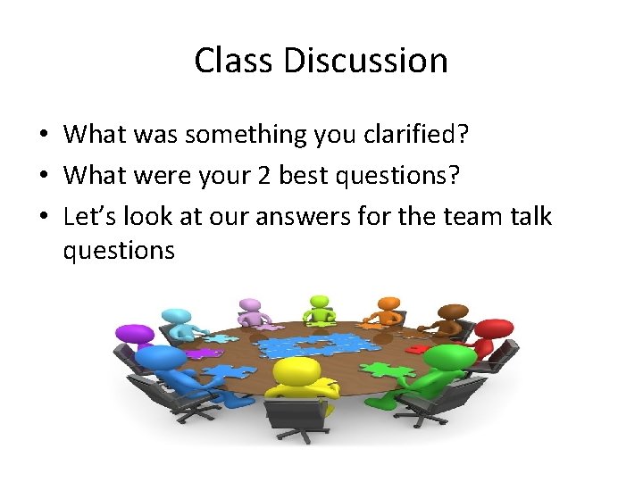 Class Discussion • What was something you clarified? • What were your 2 best