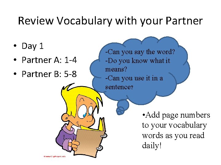 Review Vocabulary with your Partner • Day 1 • Partner A: 1 -4 •