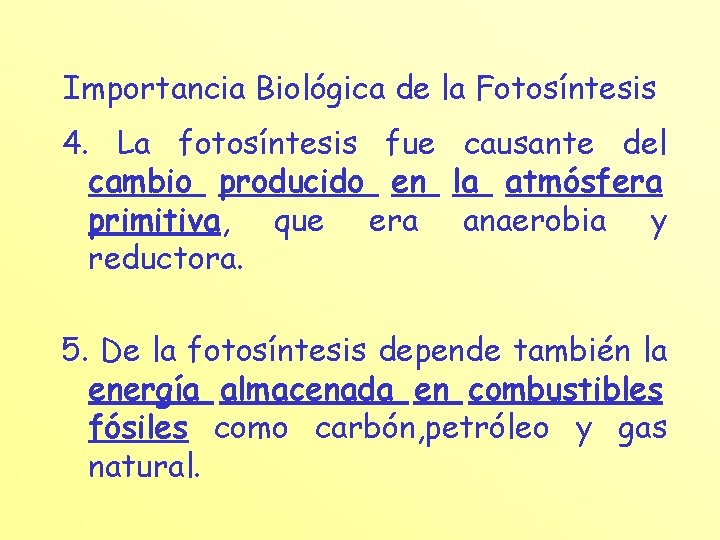 Importancia Biológica de la Fotosíntesis 4. La fotosíntesis fue causante del cambio producido en