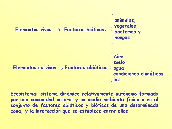 Elementos vivos Factores bióticos: Elementos no vivos Factores abióticos animales, vegetales, bacterias y hongos
