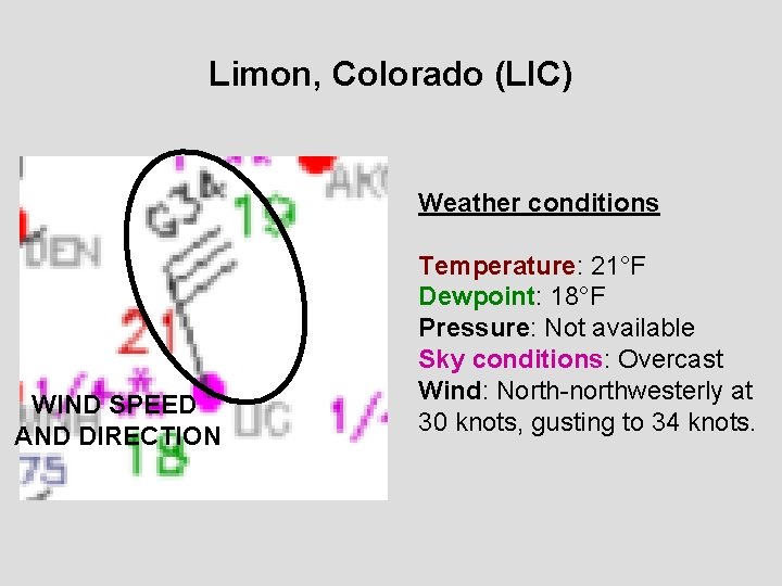 Limon, Colorado (LIC) Weather conditions WIND SPEED AND DIRECTION Temperature: 21°F Dewpoint: 18°F Pressure: