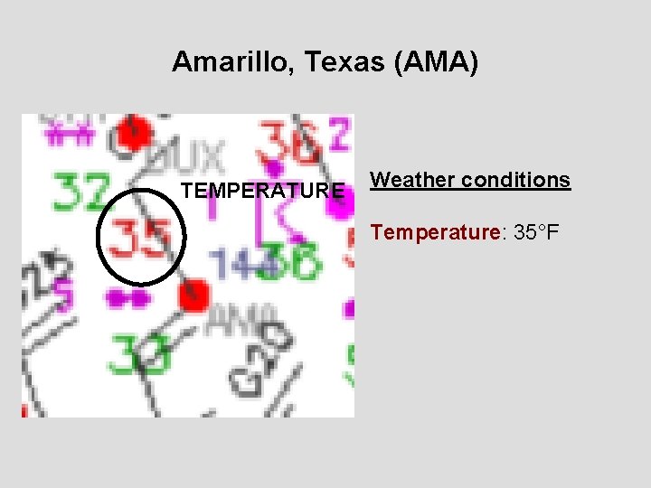 Amarillo, Texas (AMA) TEMPERATURE Weather conditions Temperature: 35°F 