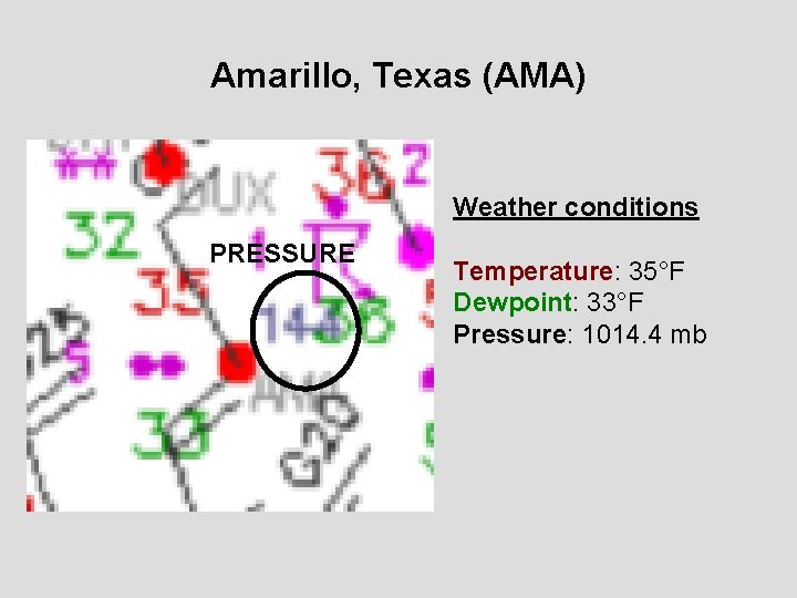 Amarillo, Texas (AMA) Weather conditions PRESSURE Temperature: 35°F Dewpoint: 33°F Pressure: 1014. 4 mb