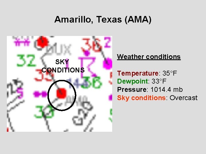 Amarillo, Texas (AMA) SKY CONDITIONS Weather conditions Temperature: 35°F Dewpoint: 33°F Pressure: 1014. 4