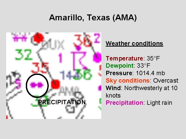 Amarillo, Texas (AMA) Weather conditions PRECIPITATION Temperature: 35°F Dewpoint: 33°F Pressure: 1014. 4 mb