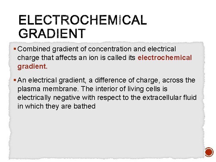 § Combined gradient of concentration and electrical charge that affects an ion is called