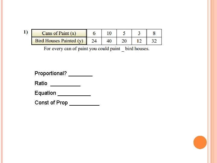 Proportional? ____ Ratio _____ Equation ______ Const of Prop _____ 