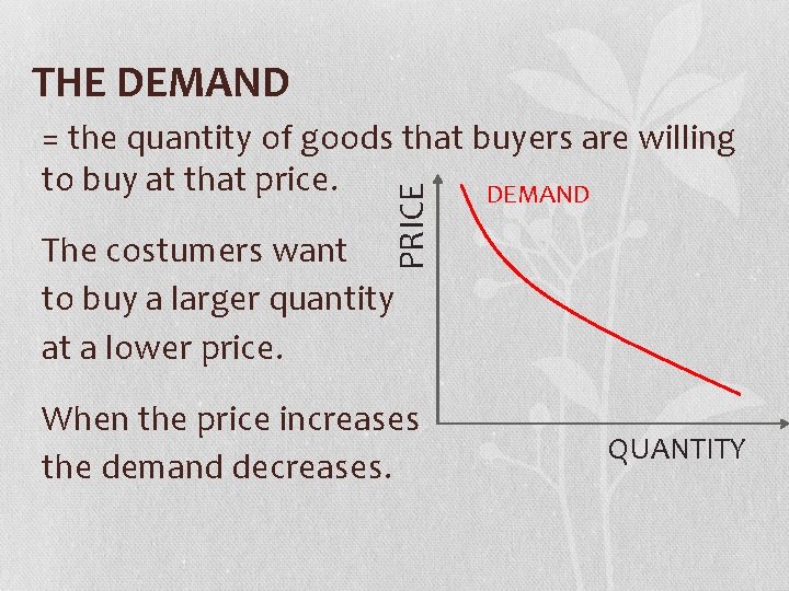 THE DEMAND PRICE = the quantity of goods that buyers are willing to buy