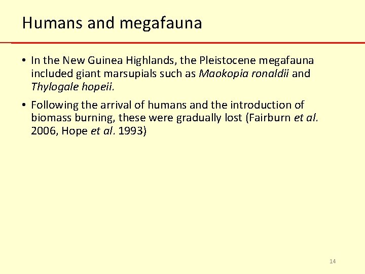 Humans and megafauna • In the New Guinea Highlands, the Pleistocene megafauna included giant