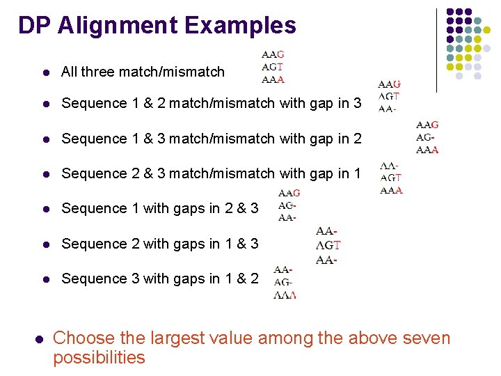 DP Alignment Examples l All three match/mismatch l Sequence 1 & 2 match/mismatch with DP Alignment Examples l All three match/mismatch l Sequence 1 & 2 match/mismatch with