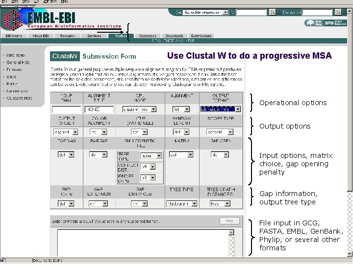 Use Clustal W to do a progressive MSA Operational options Output options Input options, Use Clustal W to do a progressive MSA Operational options Output options Input options,