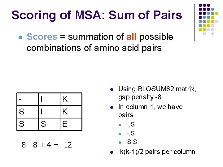 Scoring of MSA: Sum of Pairs l Scores = summation of all possible combinations Scoring of MSA: Sum of Pairs l Scores = summation of all possible combinations