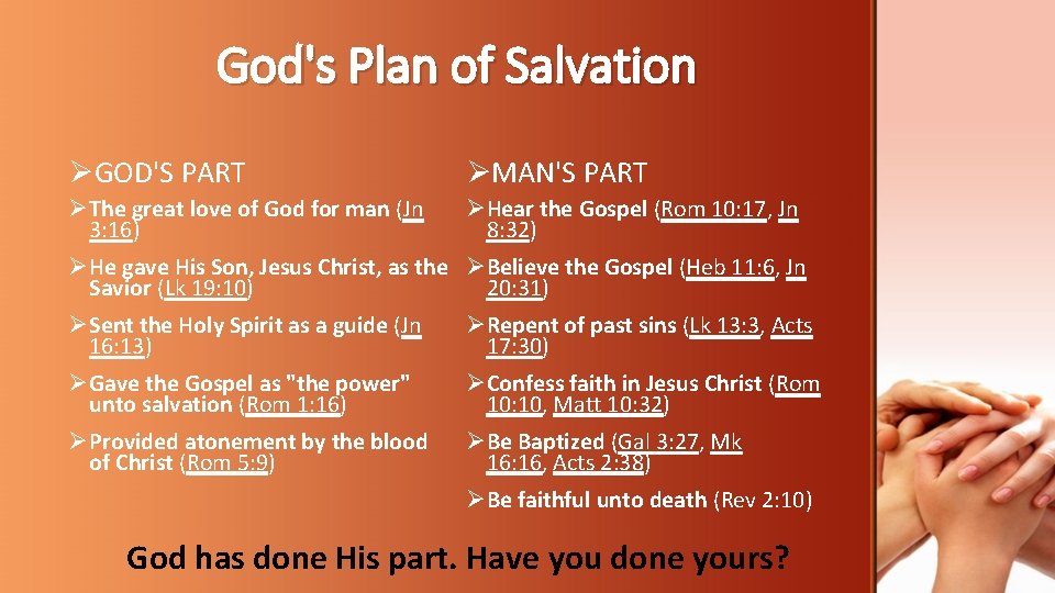 God's Plan of Salvation ØGOD'S PART ØMAN'S PART ØThe great love of God for