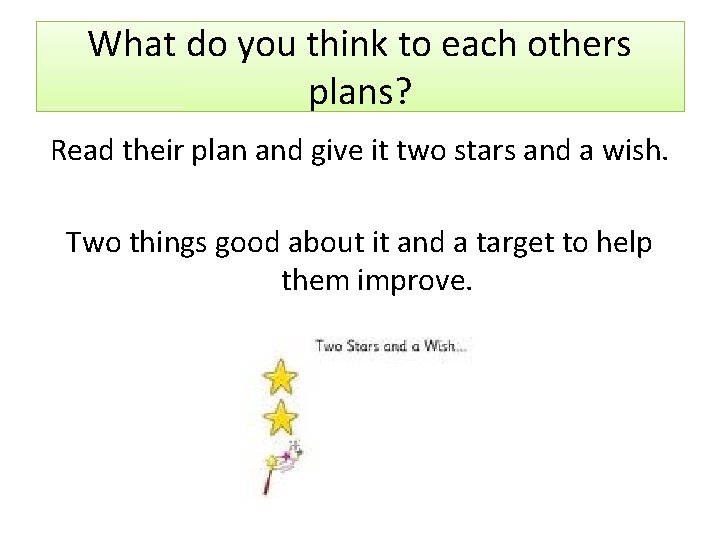 What do you think to each others plans? Read their plan and give it