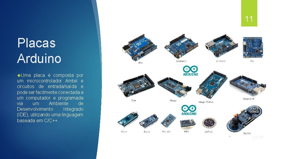 11 Placas Arduino Uma placa é composta por um microcontrolador Amtel e circuitos de