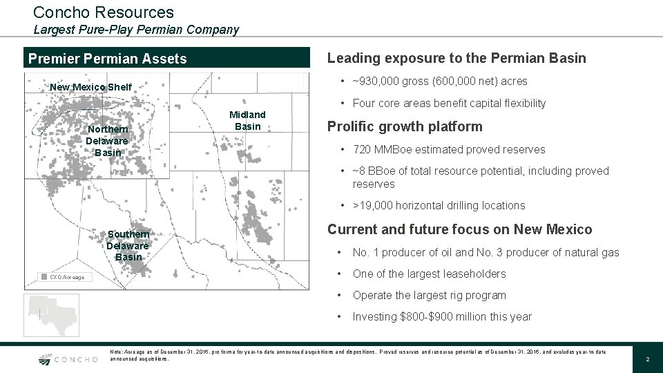 Concho Resources Largest Pure-Play Permian Company Leading exposure to the Permian Basin Premier Permian