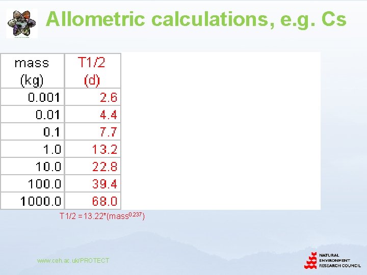 Allometric calculations, e. g. Cs kg/d T 1/2 =13. 22*(mass 0. 237) www. ceh.