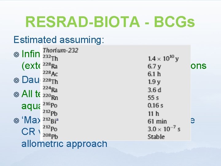 RESRAD-BIOTA - BCGs Estimated assuming: ¥ Infinitely large (internal) and small (external) geometries for
