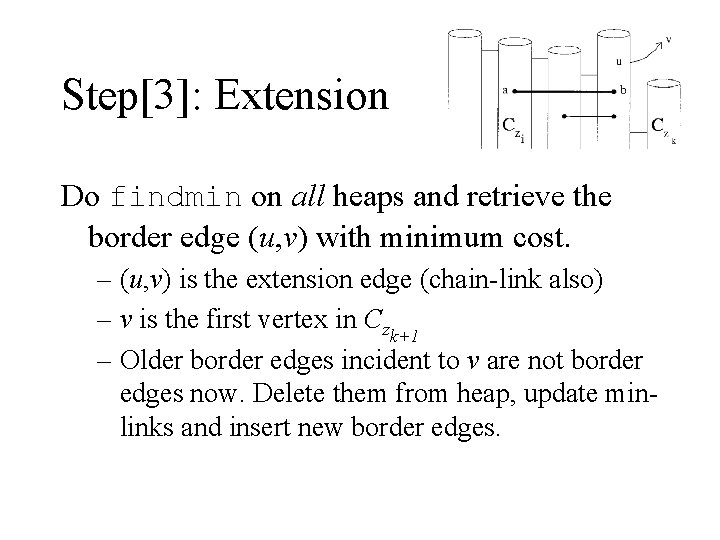 Step[3]: Extension Do findmin on all heaps and retrieve the border edge (u, v)