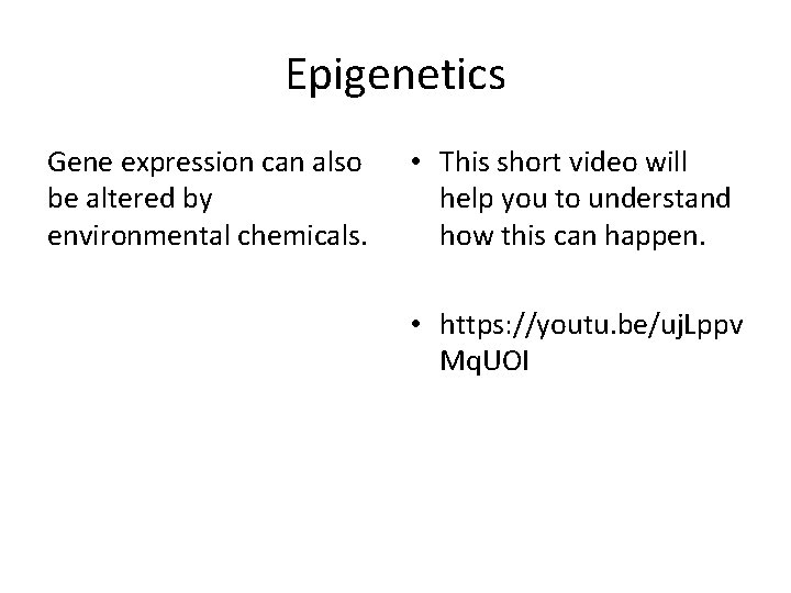 Epigenetics Gene expression can also be altered by environmental chemicals. • This short video