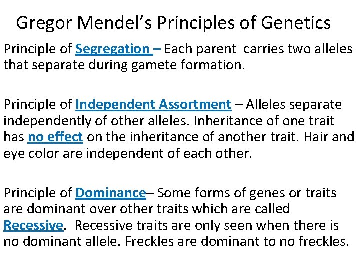 Gregor Mendel’s Principles of Genetics Principle of Segregation – Each parent carries two alleles