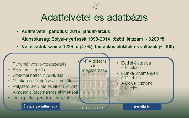 Adatfelvétel és adatbázis • Adatfelvételi periódus: 2016. január-árcius • Alapsokaság: Bolyai-nyertesek 1998 -2014 között,