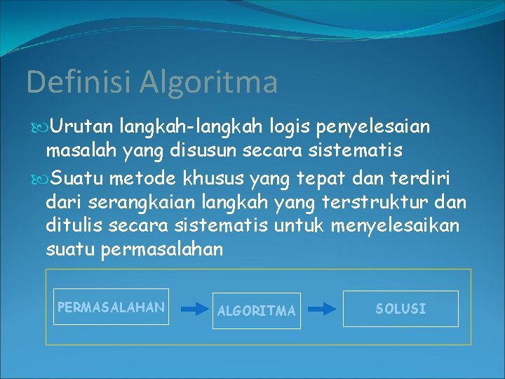 Definisi Algoritma Urutan langkah-langkah logis penyelesaian masalah yang disusun secara sistematis Suatu metode khusus