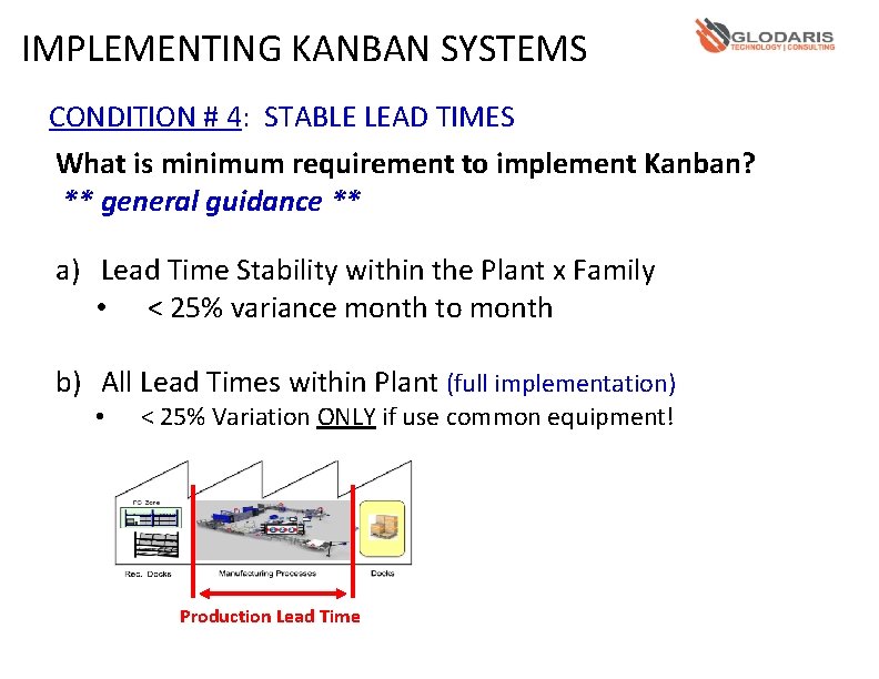 IMPLEMENTING KANBAN SYSTEMS CONDITION # 4: STABLE LEAD TIMES What is minimum requirement to