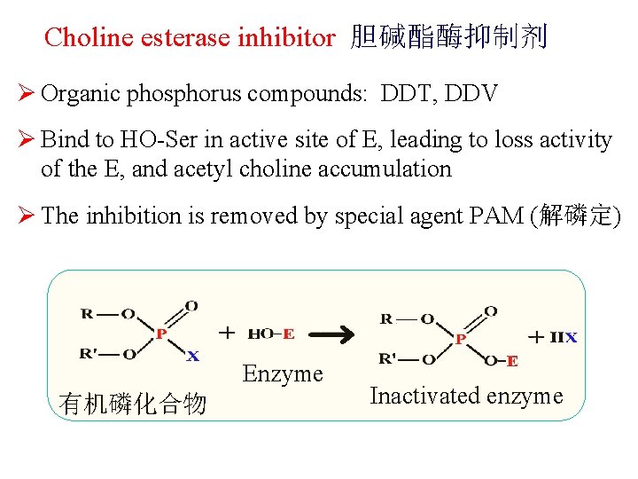 Choline esterase inhibitor 胆碱酯酶抑制剂 Ø Organic phosphorus compounds: DDT, DDV Ø Bind to HO-Ser
