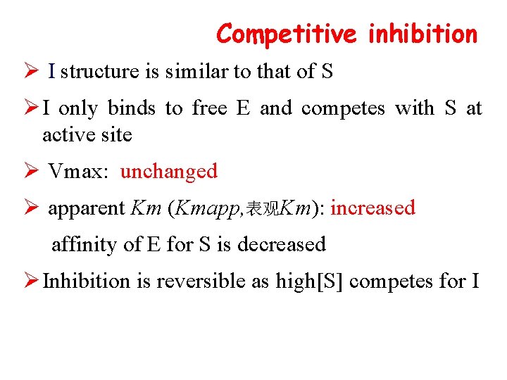 Competitive inhibition Ø I structure is similar to that of S Ø I only